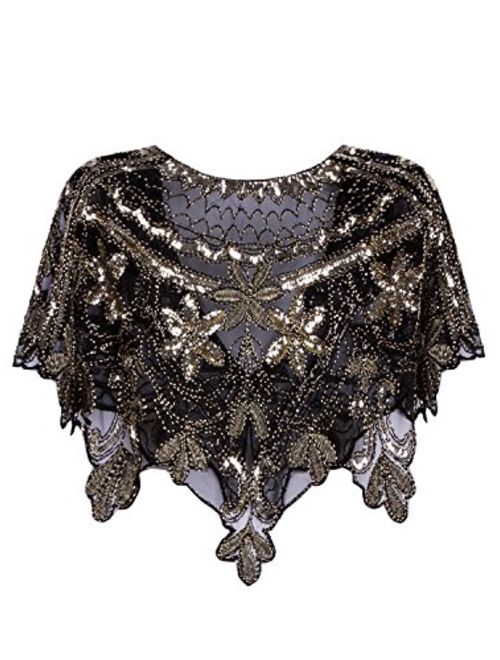 Vijiv Women's 1920s Shawl Wrap Art Deco Sequin Beaded Evening Cape Bolero Flapper Cover Up