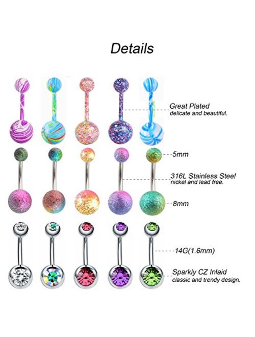 EVELICAL 10-20Pcs 14G Stainless Steel Belly Button Rings for Women Girls CZ Screw Navel Bars Body Piercing Jewelry