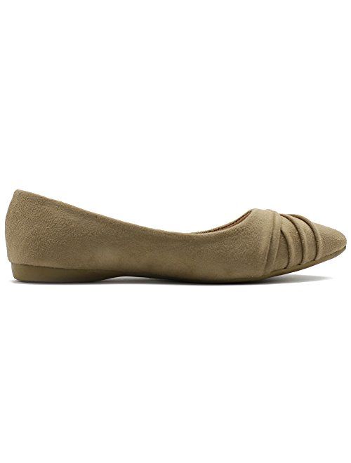 Ollio Women's Shoe Ballet Dress Faux Suede Pleated Pointed Toe Flat