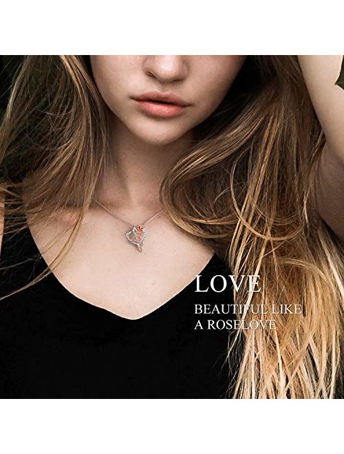 Rose Necklace for Women 5A Cubic Zirconia Love Heart Pendant Necklace Jewelry with Gift Box