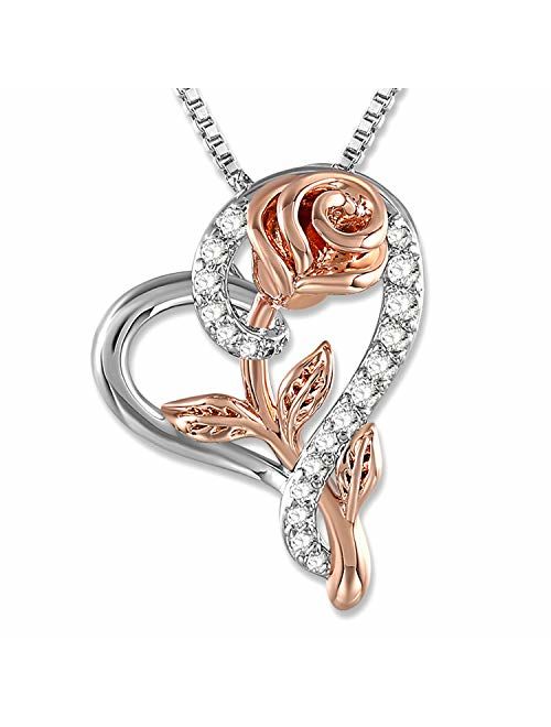 Rose Necklace for Women 5A Cubic Zirconia Love Heart Pendant Necklace Jewelry with Gift Box
