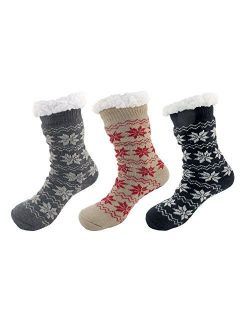 BambooMN Extra Thick Soft Cozy Fuzzy Thermal Cabin Plush Fleece-lined Fur Cuff Knitted Crew Socks