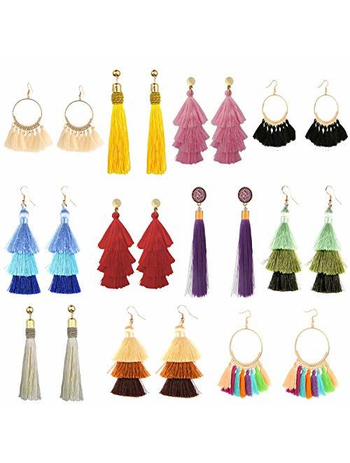 11 Pairs Tassel Earrings for Women Colorful Long Layered Thread Ball Dangle Earrings Yellow Red Fashion Jewelry Valentine Birthday Gifts Christmas
