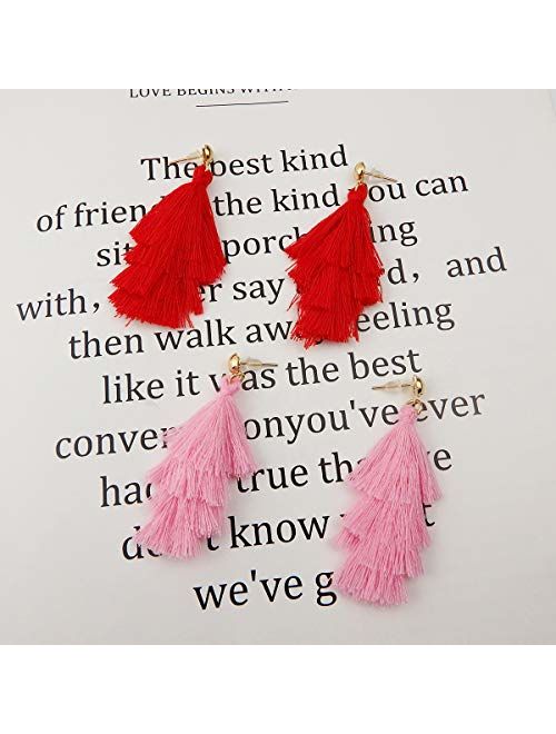 11 Pairs Tassel Earrings for Women Colorful Long Layered Thread Ball Dangle Earrings Yellow Red Fashion Jewelry Valentine Birthday Gifts Christmas