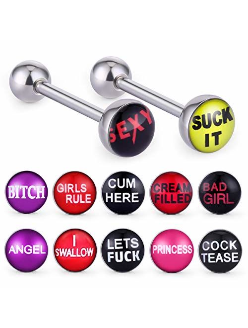 COTTVOTT 12pcs Fancy Words Pictures Logo Stainless Steel Straight Barbells Tongue Rings Bars Piercing Jewelry
