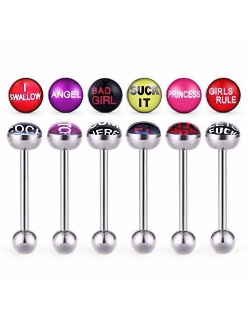 COTTVOTT 12pcs Fancy Words Pictures Logo Stainless Steel Straight Barbells Tongue Rings Bars Piercing Jewelry
