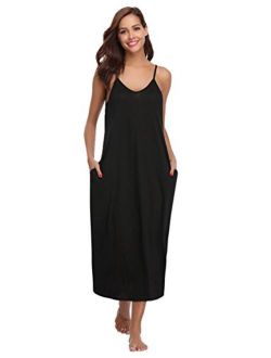 Aibrou Women's Cotton V Neck Long Nightgown Sleeveless Full Slip Night Dress