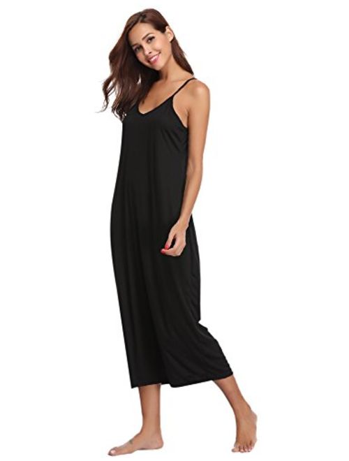 Aibrou Women's Cotton V Neck Long Nightgown Sleeveless Full Slip Night Dress