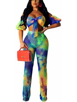 Women's Sexy V Neck Two Piece Jumpsuits Elegant Off Shoulder Crop Top Long Palazzo Pants Floral Rompers