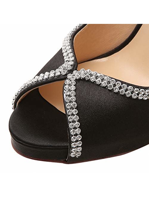 ElegantPark EP11083 Women Pumps Peep Toe Rhinestones Platform High Heel Satin Evening Wedding Dress Shoes