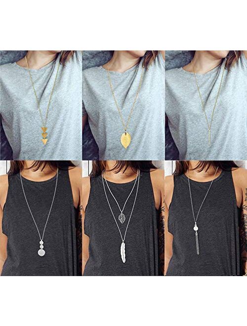 FUNEIA 6 PCS Long Pendant Necklace for Women Simple Bar Layer Three Triangle Tassel Y Charm Necklace Set