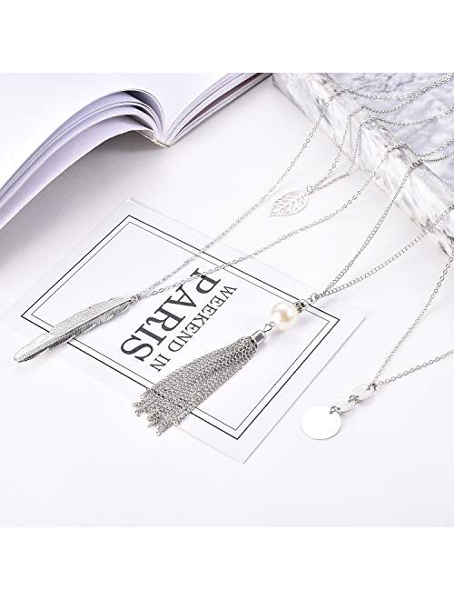 FUNEIA 6 PCS Long Pendant Necklace for Women Simple Bar Layer Three Triangle Tassel Y Charm Necklace Set