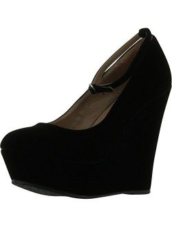 Delicious Black Faux Suede Round Toe Ankle Strap Cover Platform Wedge Shoes