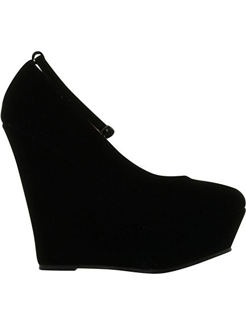 Delicious Black Faux Suede Round Toe Ankle Strap Cover Platform Wedge Shoes