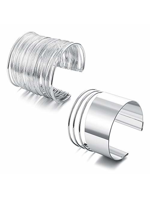 Besteel 2 Pcs Cuff Bangle Bracelet Set for Women Open Wide Wire Bracelets Adjustable Gold Sliver-Tone Plated