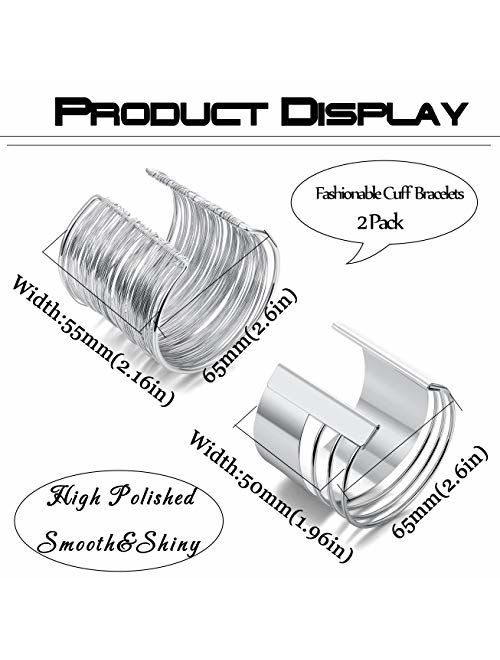 Besteel 2 Pcs Cuff Bangle Bracelet Set for Women Open Wide Wire Bracelets Adjustable Gold Sliver-Tone Plated