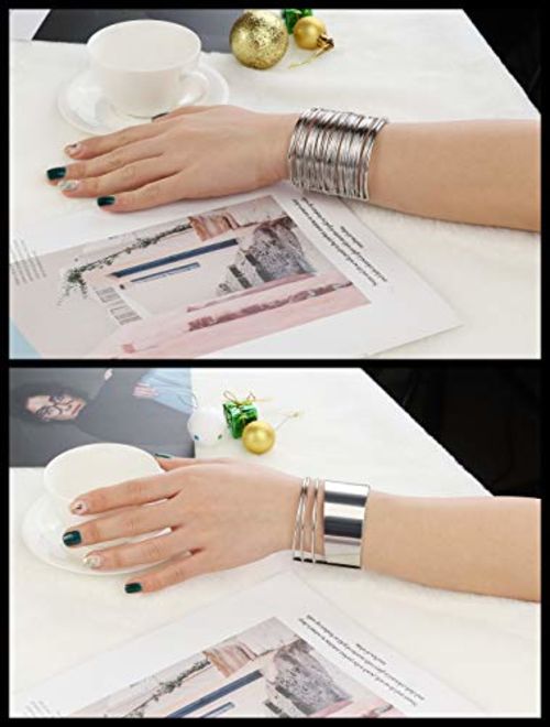 Besteel 2 Pcs Cuff Bangle Bracelet Set for Women Open Wide Wire Bracelets Adjustable Gold Sliver-Tone Plated