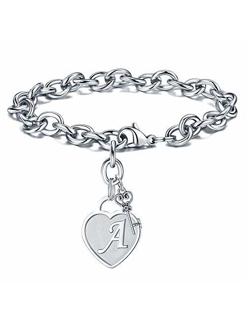 M MOOHAM Heart Initial Bracelets for Women Gifts - Engraved 26 Letters Initial Charms Bracelet Stainless Steel Bracelet Birthday Christmas Jewelry Gift for Women Teen Gir