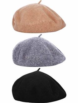 Hestya 3 Pieces Beret Hat French Style Beanie Cap Solid Color Winter Hat for Women and Girls Casual Use