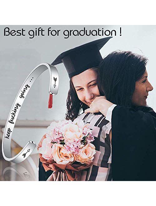 Fesciory Inspirational Bracelets for Women,Stainless Steel Engraved Personalized Positive Mantra Quote Keep Going Cuff Bangle College Graduation for Her