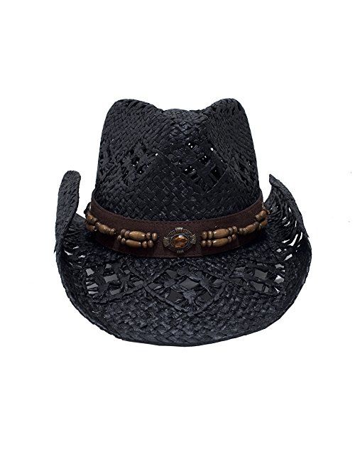 Vamuss Straw Cowboy Hat W/Vegan Leather Band & Beads, Shapeable Brim, Beach Cowgirl