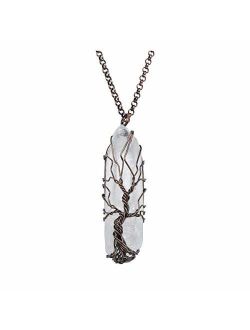 Top Plaza Natural Raw Stone Healing Crystal Necklace Silver Tree of Life Wire Wrapped Clear Quartz Point Pendant for Womens Ladies