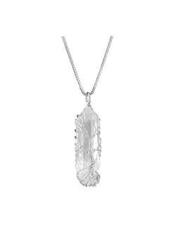 Top Plaza Natural Raw Stone Healing Crystal Necklace Silver Tree of Life Wire Wrapped Clear Quartz Point Pendant for Womens Ladies
