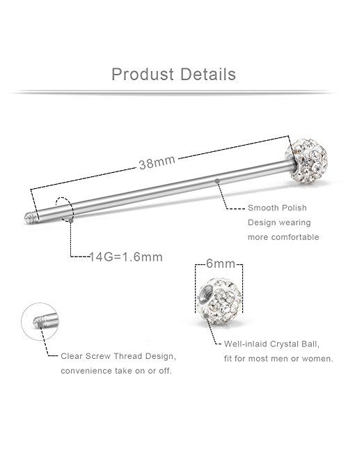 Ruifan 14G Stainless Steel Industrial Barbell Earring Cartilage Body Piercing Jewelry 1 1/2 Inch(38mm)
