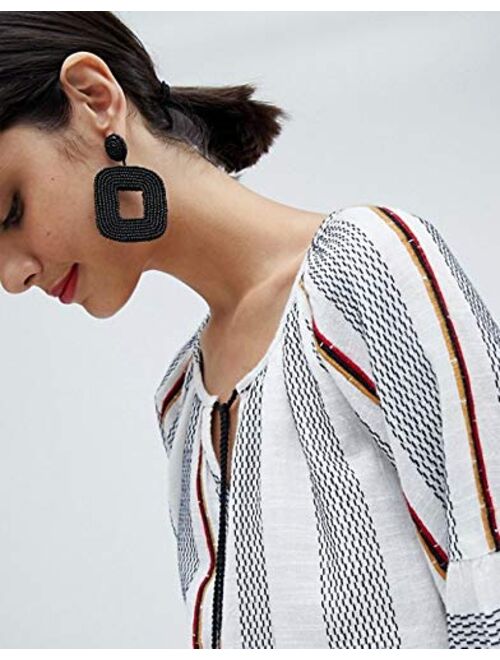 boderier Beaded Drop Earrings Bohemian Wire Wrapped Beaded Square Hoop Dangle Statement Earrings