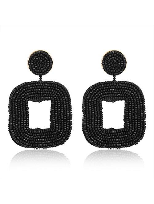 boderier Beaded Drop Earrings Bohemian Wire Wrapped Beaded Square Hoop Dangle Statement Earrings