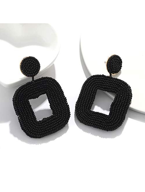 boderier Beaded Drop Earrings Bohemian Wire Wrapped Beaded Square Hoop Dangle Statement Earrings