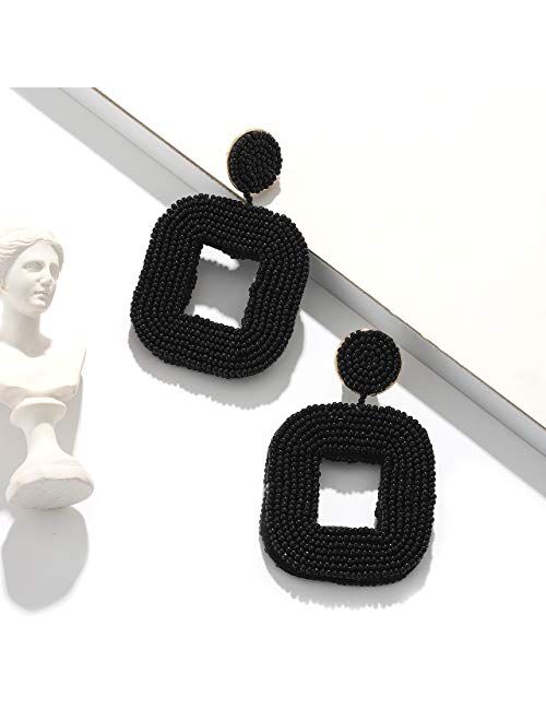 boderier Beaded Drop Earrings Bohemian Wire Wrapped Beaded Square Hoop Dangle Statement Earrings