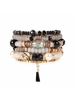 Bead Multi Layer Versatile Statement Bracelets - Stackable Beaded Strand Stretch Bangles Sparkly Crystal Mix, Tassel Charm
