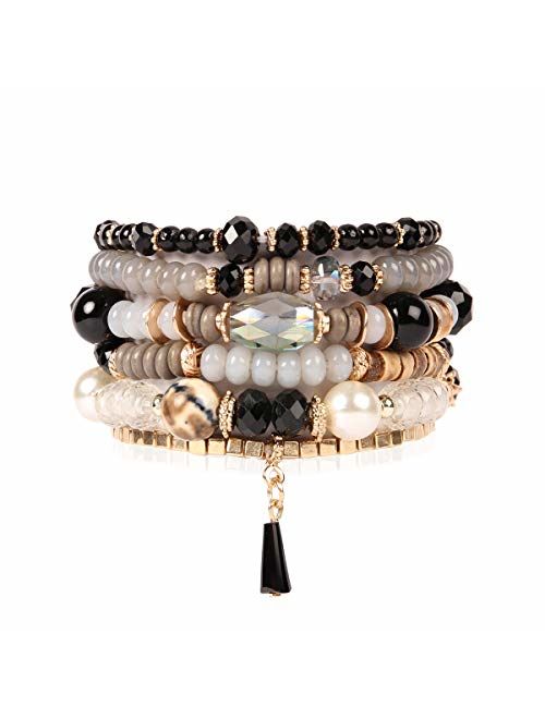 Tassel Charm RIAH FASHION Coin Bead Multi Layer Versatile Statement Bracelets Stackable Beaded Strand Stretch Bangles Sparkly Crystal 