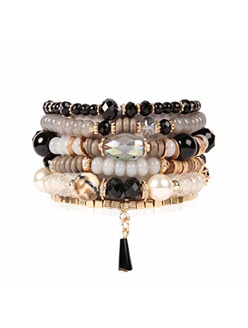 RIAH FASHION Bead Multi Layer Versatile Statement Bracelets - Stackable Beaded Strand Stretch Bangles Sparkly Crystal Mix, Tassel Charm