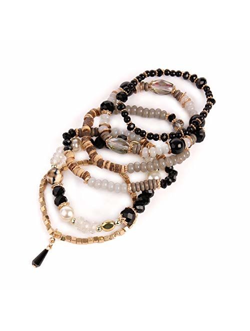 RIAH FASHION Bead Multi Layer Versatile Statement Bracelets - Stackable Beaded Strand Stretch Bangles Sparkly Crystal Mix, Tassel Charm