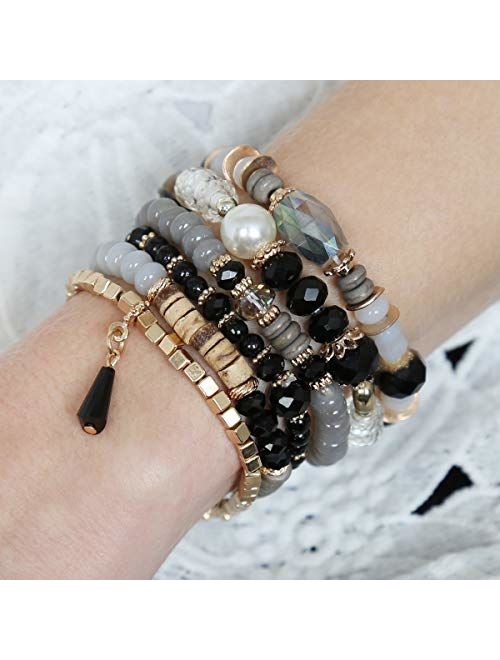 RIAH FASHION Bead Multi Layer Versatile Statement Bracelets - Stackable Beaded Strand Stretch Bangles Sparkly Crystal Mix, Tassel Charm