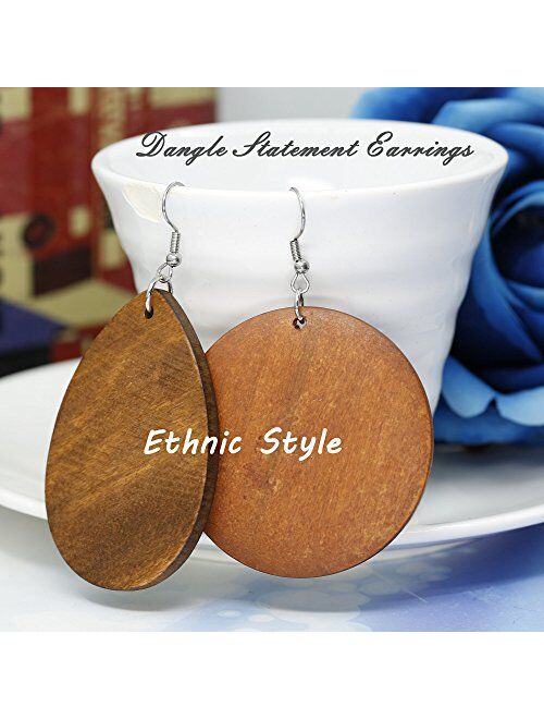 JOERICA 4 Pairs Statement Dangle Earrings for Women Girls Ethnic Wood Drop Earrings Stainless Steel Stud