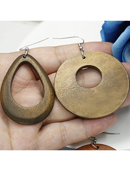 JOERICA 4 Pairs Statement Dangle Earrings for Women Girls Ethnic Wood Drop Earrings Stainless Steel Stud