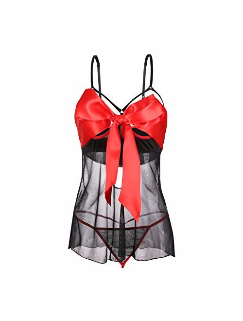 Lingerie for Women Babydoll Nightdress Set with Red Bow Underwear Thong Black Plus Size