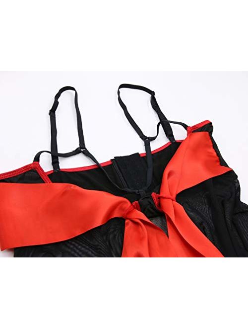 KLGDA Lingerie for Women Babydoll Nightdress Set with Red Bow Underwear Thong Red