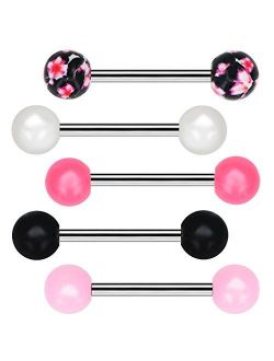 COCHARM Tongue Barbells 5pcs Candy Color with Flower Pattern Tongue Barball Piercing Body Jewelry Tongue Rings