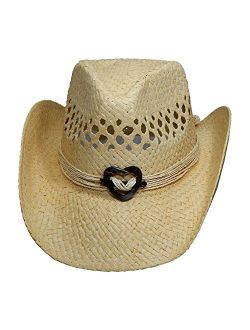 Boho Hip Cowboy Hat with Heart Concho, Natural Toyo Straw, Shapeable Brim