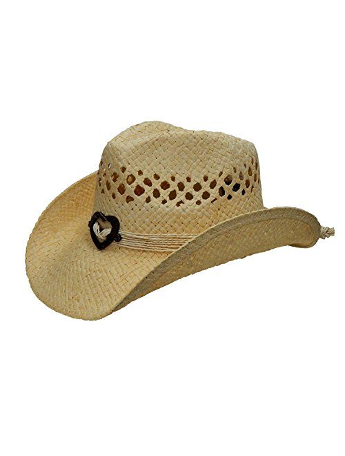 Shapeable Brim Boho Hip Cowboy Hat with Heart Concho Natural Toyo Straw 