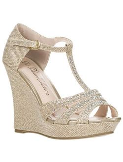 DeBlossom Womens Dressy Glitter Rhinestone T Strap Platform Wedge Sandal Aalle-2