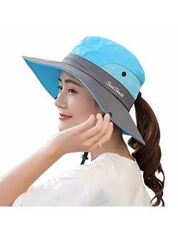 Ponytail Women's Summer Sun Bucket Hats UV Protection Safari Hiking Wide Brim Beach Foldable Mesh Fishing Cap
