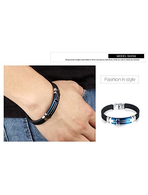 M.JVisun Cross Silicone Sport Wristband Bangle Bracelet Stainless Steel Design, Black/Blue, 7.87 inch