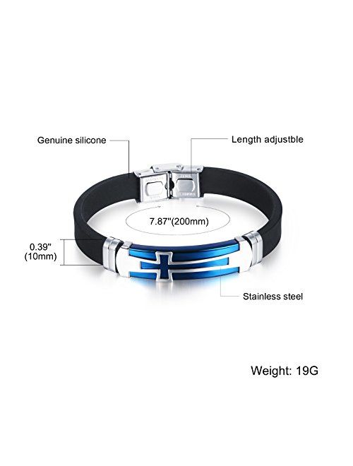 M.JVisun Cross Silicone Sport Wristband Bangle Bracelet Stainless Steel Design, Black/Blue, 7.87 inch