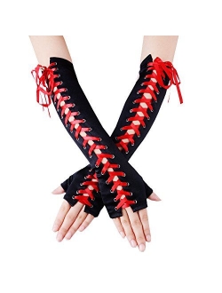 JISEN Womens Fingerless Gloves Elbow Lace Up steampunk Costume Arm Warmer
