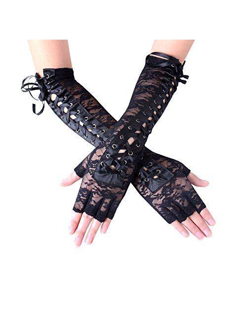 JISEN Womens Fingerless Gloves Elbow Lace Up steampunk Costume Arm Warmer 